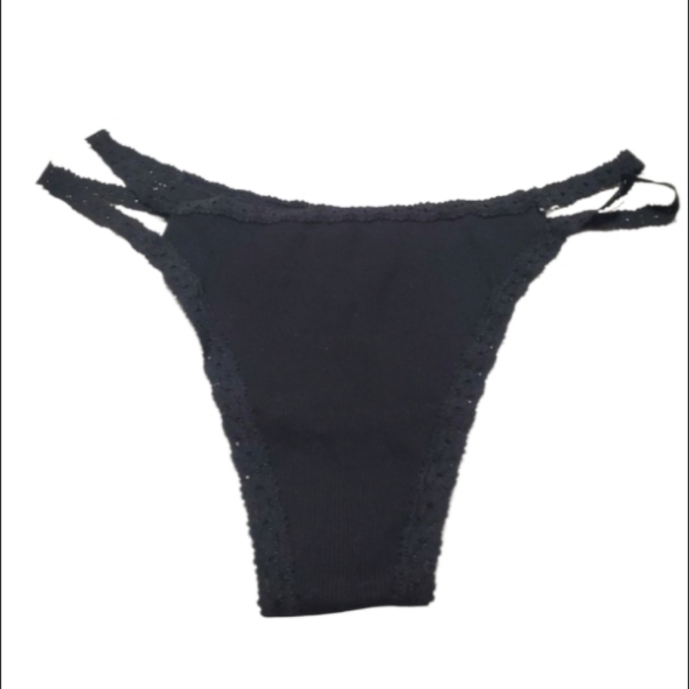 VICTORIA'S SECRET PINK Sexy Black Cotton Lacey Double String Bikini Panty NWT Lg